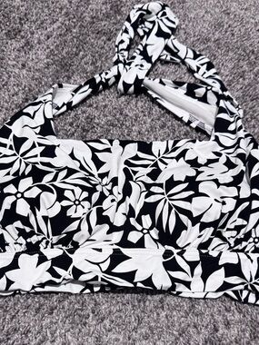 Lands' End Black & White Floral Halter Bikini Top